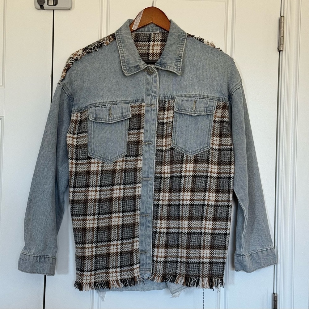 Denim Plaid Patchwork Frayed Hem Jacket - image 7